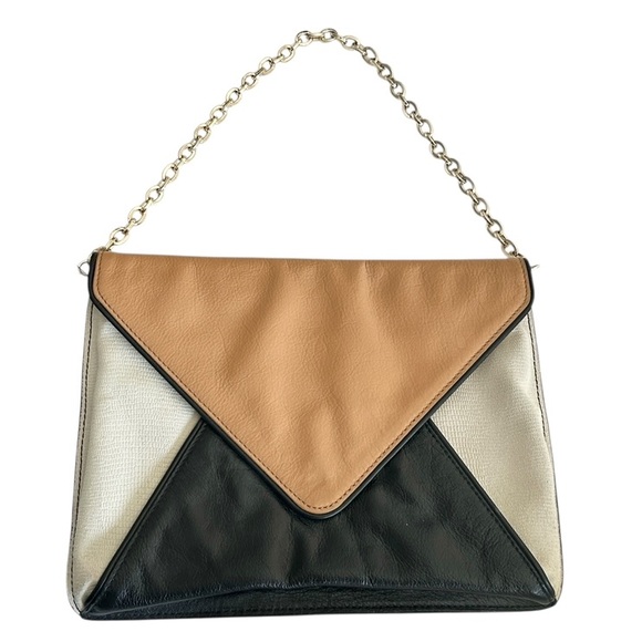 Banana Republic Theresa Envelope Clutch Leather Black Beige Tan Purse Chain